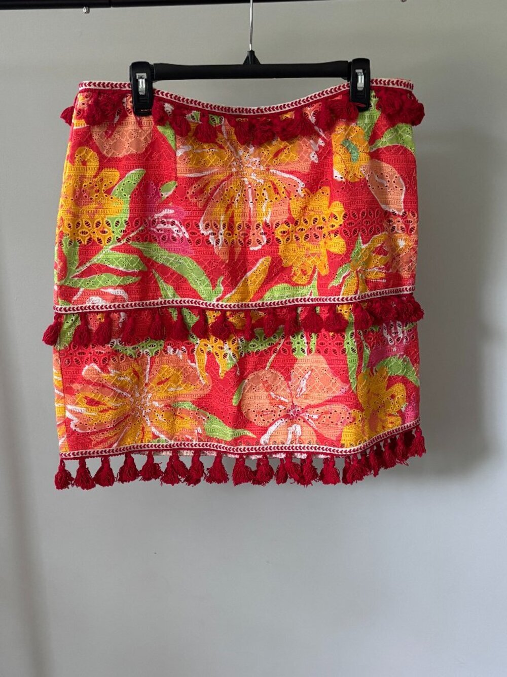 Verb Pallavi Singhee Coral Floral Eyelet Tassel Mini Skirt Large NWT